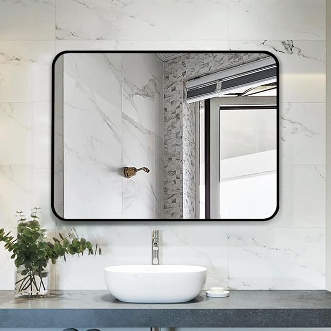 Black Bathroom Mirror 40X30 Inch, Rounded Rectangle Matte Bathroom Vanity Mirror - Image 2