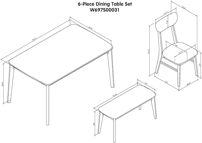 Ball & Cast 6-Piece Dining Table Set, and 4 Upholstered Chairs & 1 Bench - Image 2