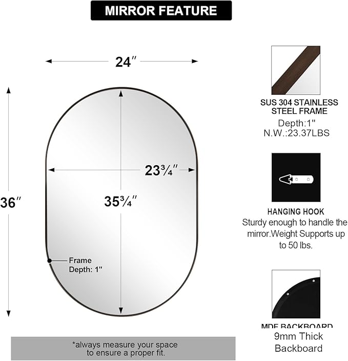 ANDY STAR Bronze Bathroom Mirror, 24x36 Brushed Bronze Oval Mirror, Oval Wall - Image 2