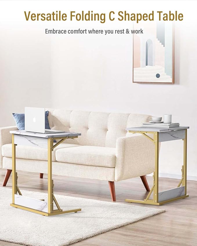 Tatub 24" Folding TV Tray Table, Marble C Shaped End Table - Image 2