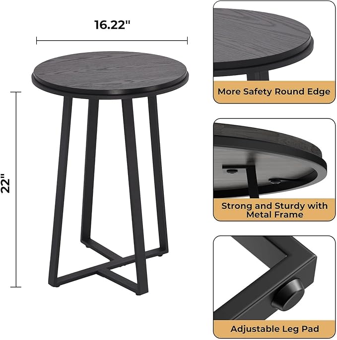 Round End Table, Small Side Table Black Color MDF Top, Metal Frame Black - Image 2
