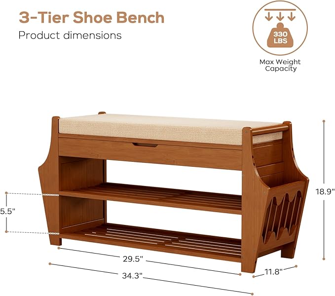 34.3in Shoe Bench, Bamboo 3-Tier Entryway Bench - Image 2