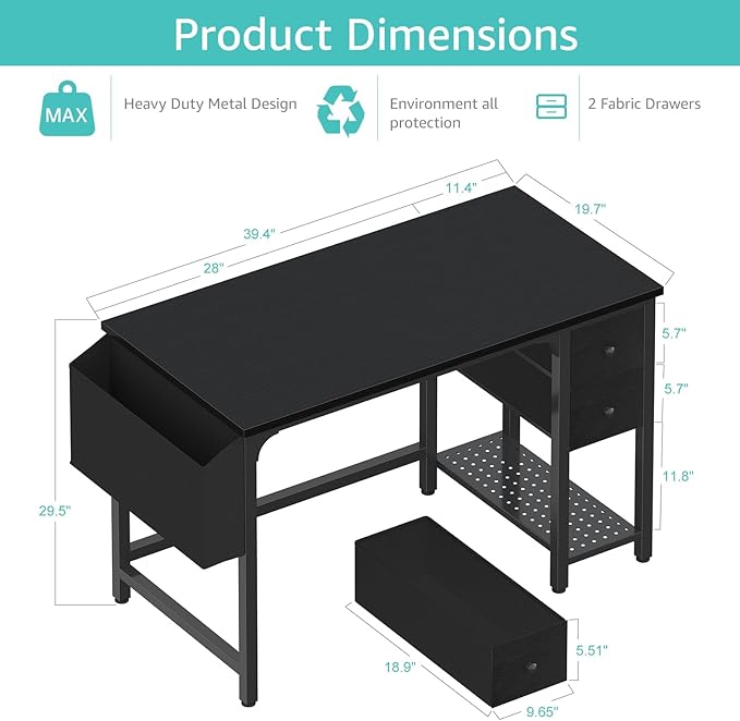Lufeiya Computer Desk with Fabric Drawers, 40 Inch Reversible Gaming Desk - Image 3