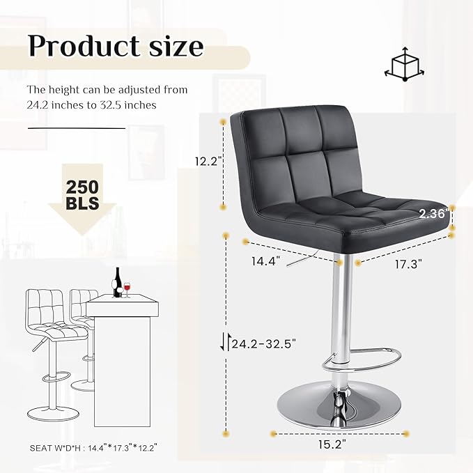 DUMOS Bar Stools Set of 2, Armless Adjustable Swivel Barstools, PU Leather - Image 3