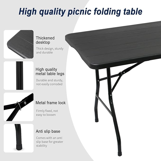 2-PCS 70.8" W X 29" D X 29" H - 6 ft Black Folding Table Heavy Duty Portable - Image 3