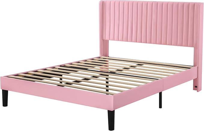 Allewie Queen Size Velvet Bed Frame/Vertical Channel Tufted Wingback - Image 8