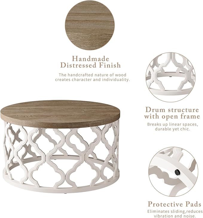 karlott Farmhouse Coffee Table, French Country Round Coffee Table, Coastal - Image 4