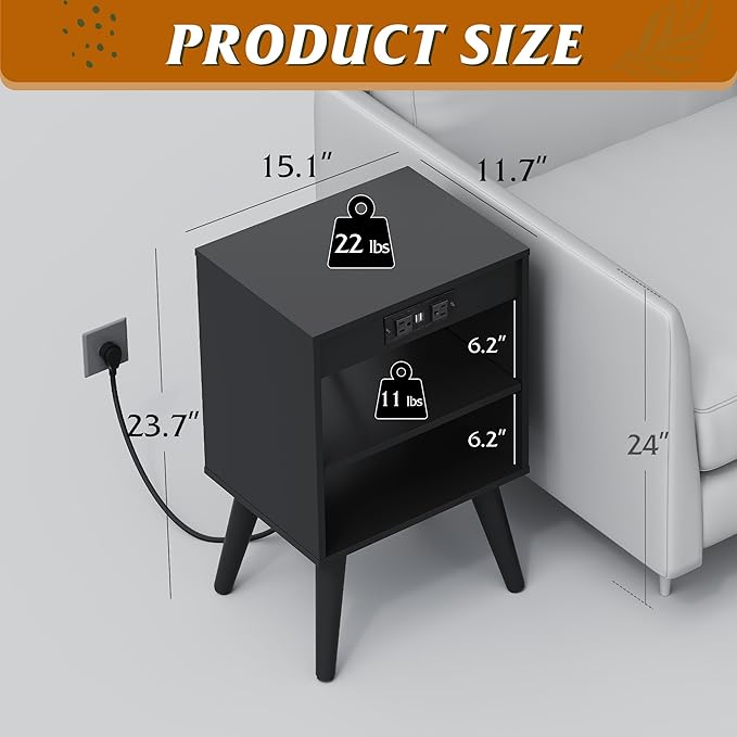 WLIVE Black Nightstand, Night Stand - Image 3