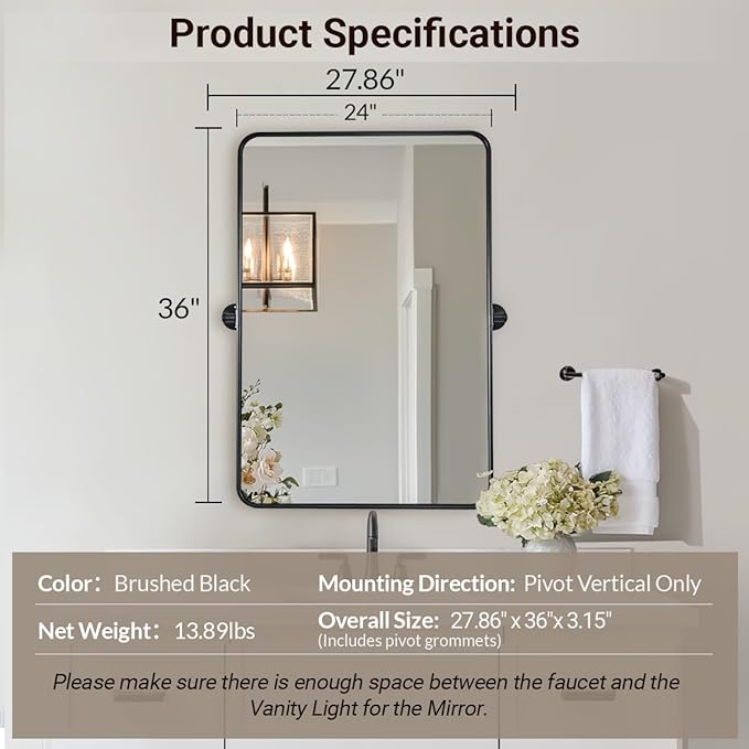 ANDY STAR Pivot Bathroom Mirror, 24 x 36 Inch Black Tilting Mirror - Image 2