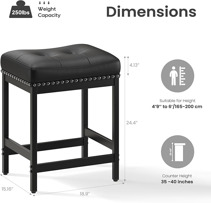 MALOL Set of 2 Saddle Bar Stools Counter Height 24.4”, Modern PU Leather - Image 2