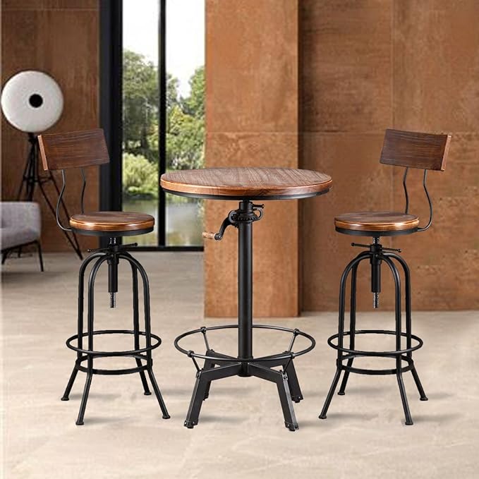 3-Piece Crank Handle Bar Table & 2 Backrests Stools Set - Image 2