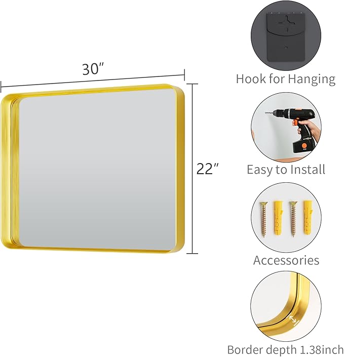 Koonmi Gold Bathroom Mirror for Wall, 22x30 Inch Matte Metal Deep Framed - Image 5