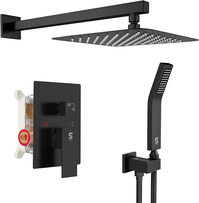 SR SUN RISE Black Square Rainfall Shower Head and Handle Set, Wall Mounted by SRSUNRISE