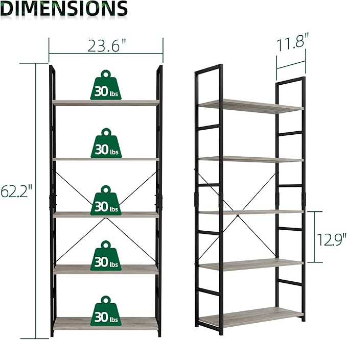 OTK 5 Tier Bookshelf, Tall Bookcase, Office Shelf Storage Organizer, Modern - Image 3