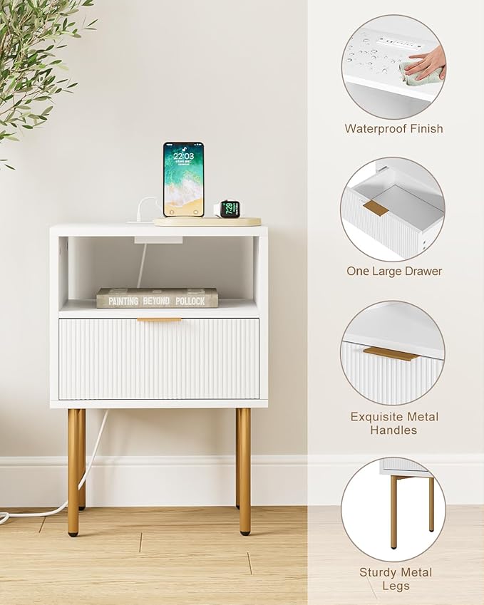 Nightstand with Charging Station, Morden Bedside Table with Gold Frame - Image 5
