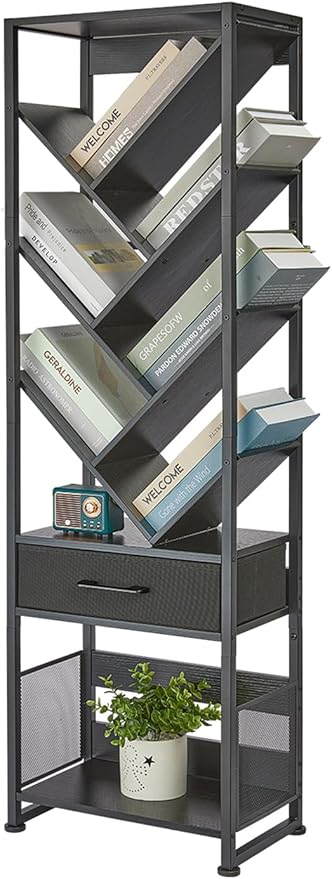 Bookshelf with Drawer, 10 Tier Tree Bookcase Retro Floor Standing Bookshelves - Image 9