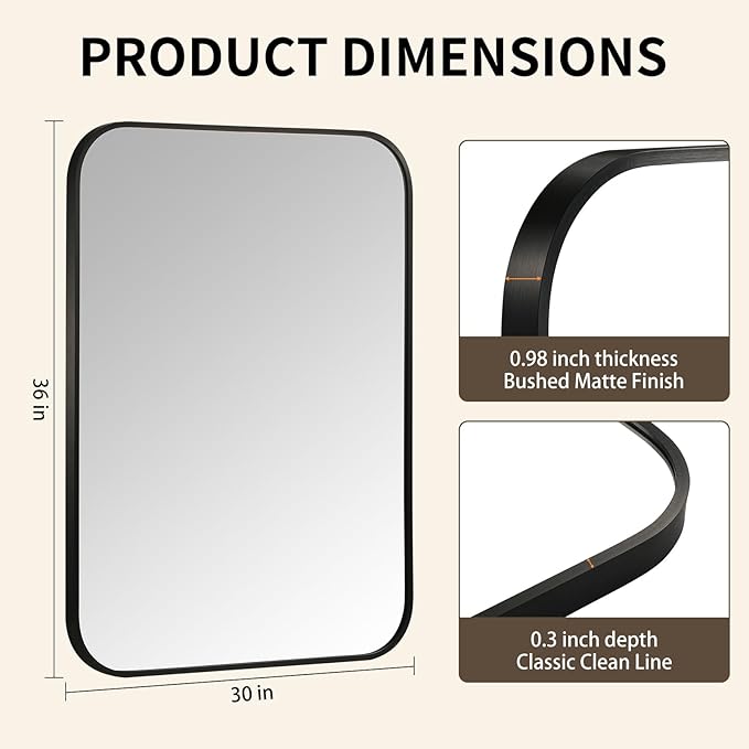 Black Bathroom Mirror, 30x36 Inch Aluminum Frame Rectangle Mirror, Tempered - Image 5