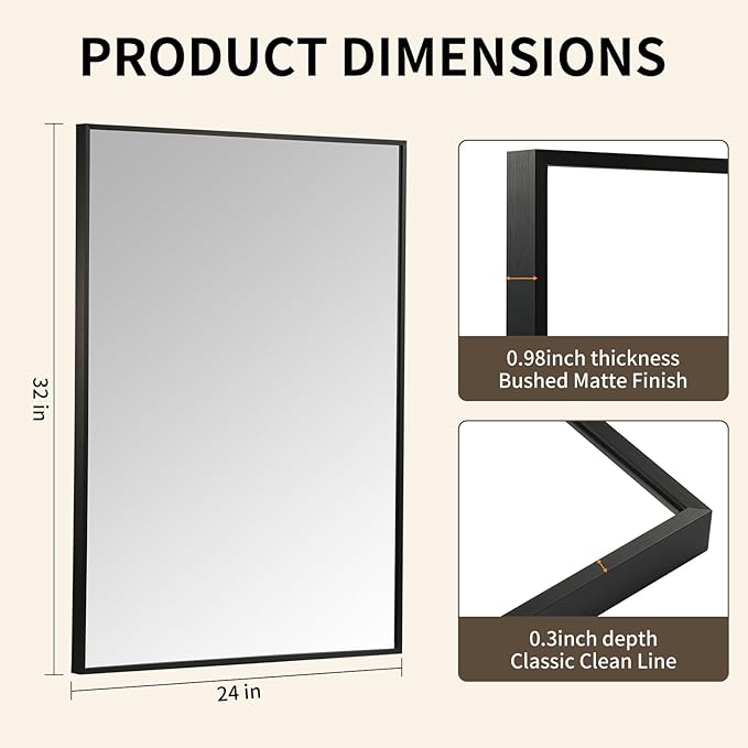 Matte Black Mirror, 24x32 Inch Aluminum Framed Rectangle Mirror, Tempered Glass - Image 5