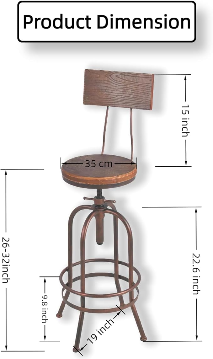 Set of 2-Industrial Bar Stools-Swivel Wooden Seat-Bar Counter Height Adjustable - Image 3