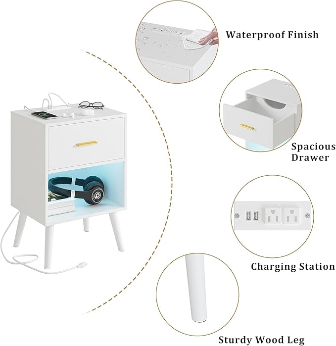 Nightstand with Charging Station and LED Lights, Small Side Table, Bedside - Image 8