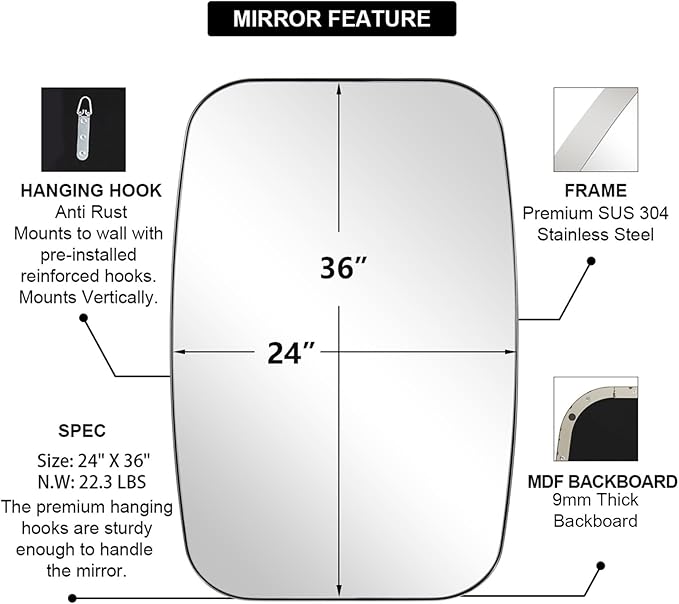 ANDY STAR Chrome Bathroom Mirror, 24x36 Inch Polished Chrome Oval Mirror - Image 2