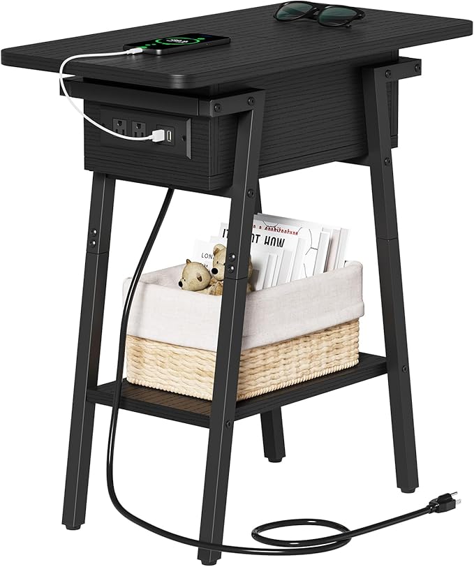 End Table with Charging Station, Flip Top Side Table with USB Ports and Outlets by Asgolion
