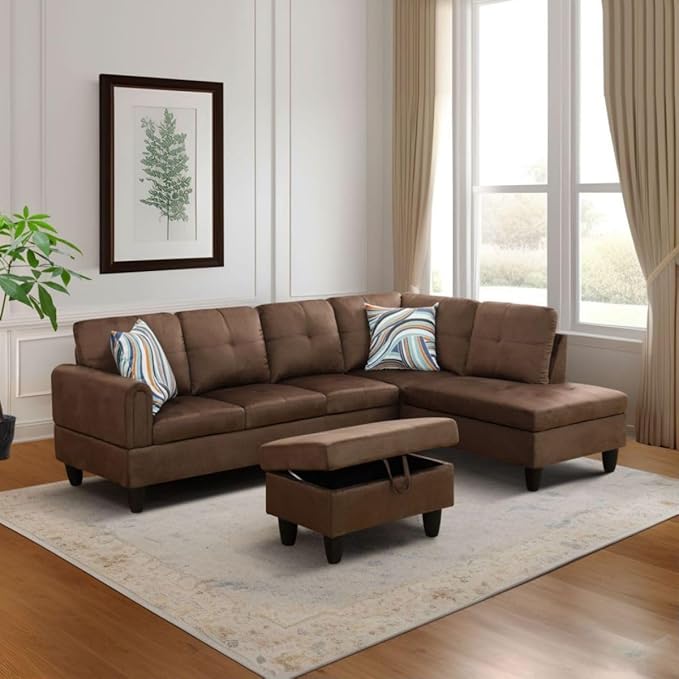 Chocolate L-Shaped 3-Piece Flannel Sofa - Image 5