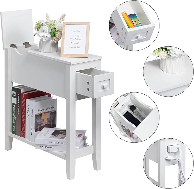 White End Table with Movable Top and Charging Station, Narrow Side Table with - Image 6