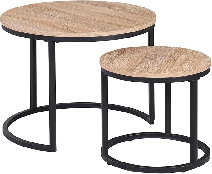 CENSI 24" Round Nesting Table, Accent Coffee Table, Natural Oak, Light Wooden - Image 3