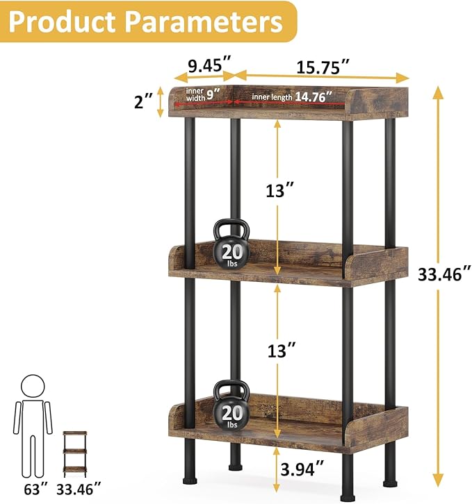 Hosfais Bookshelf Small Book Shelf, 3 Tier Wood Bookcase Industrial Bookshelf - Image 3