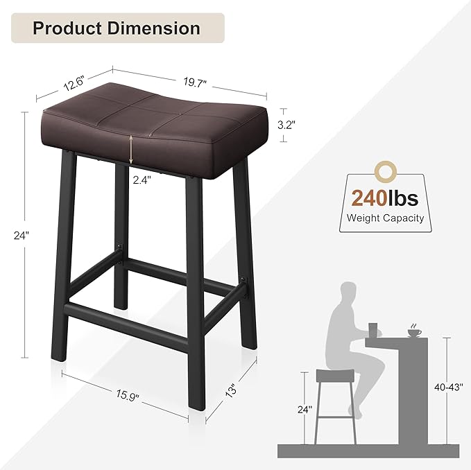 GarveeHome Counter Height Bar Stools Set of 2, 24 Inch Brown Barstools - Image 3