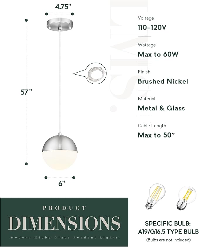 LMS Mid Century Pendant Lights, Brushed Nickel Kitchen Island Light Fixtures - Image 4
