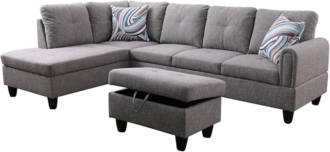 Grey-2 L-Shaped 3-Piece Linen Sofa - Image 8
