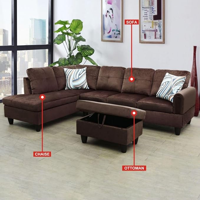 Chocolate L-Shaped 3-Piece Flannel Sofa - Image 3
