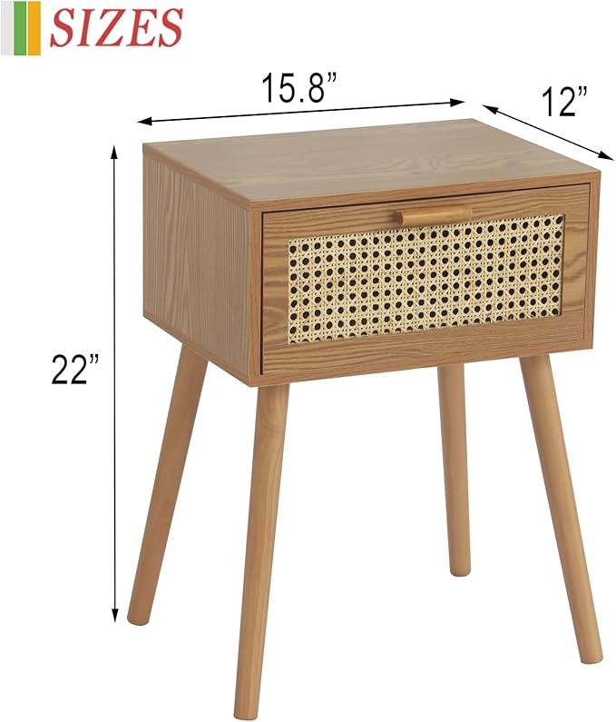 AWASEN Mid Century Nightstand, Rattan Side Table - Image 3