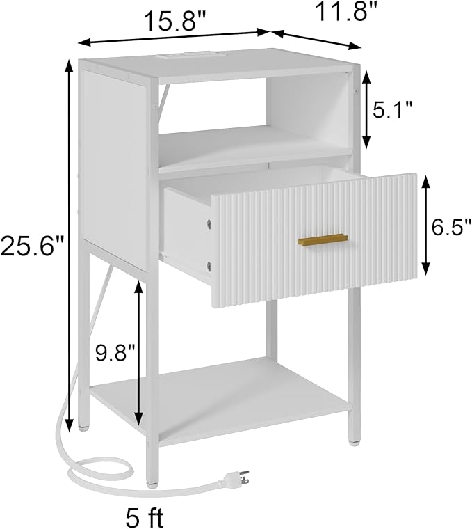 White Nightstand with Charging Station, Fluted Side Table with Drawer, Modern - Image 2