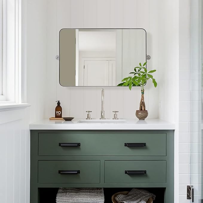 MOON MIRROR 36" x 24" Brushed Nickel Rectangle Bathroom Mirror, Tilting Rounded - Image 2