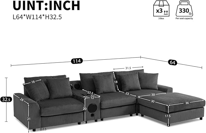 Merax 114 * 64" Corduroy Sectional Couches - Image 2