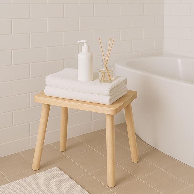 Solid Wood Step Stool, 13.4inch Square Wooden Foot Stool, Portable Short Stool - Image 2
