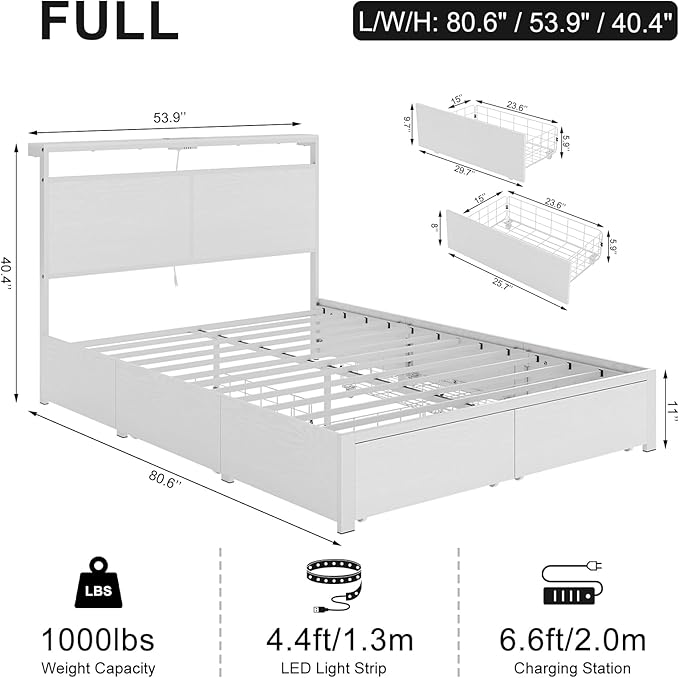 Full Bed Frame with 4 Storage Drawers Bed Frame Full Size with Headboard LED - Image 2