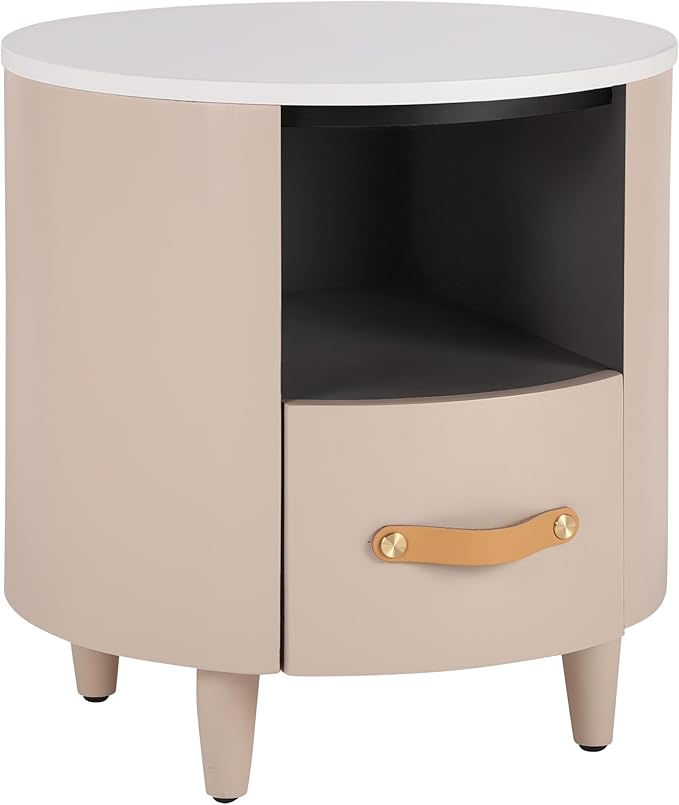 Merax Round Nightstand with Storage Drawer, MDF Contemporary Modern Bedside - Image 3