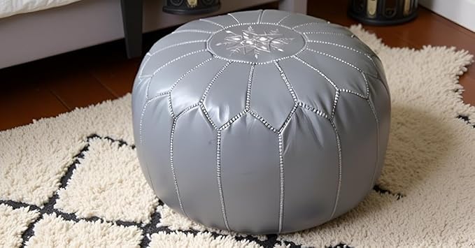Stuffed Round Design Moroccan Leather Pouf Ottoman, Pre-Filled, 100% Genuine - Image 4