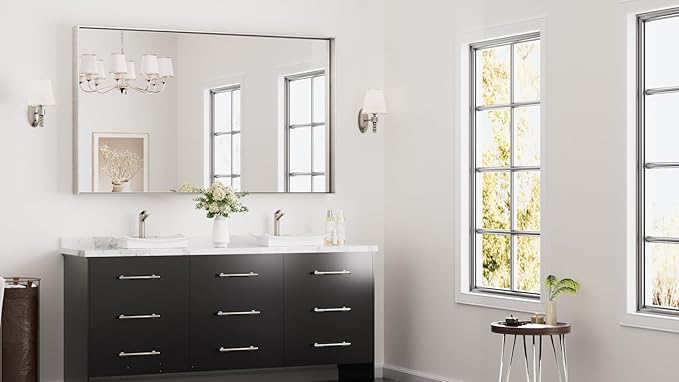 Keonjinn 60 x 36 in Brushed Nickel Bathroom Mirror, Rectangular Metal Framed - Image 2