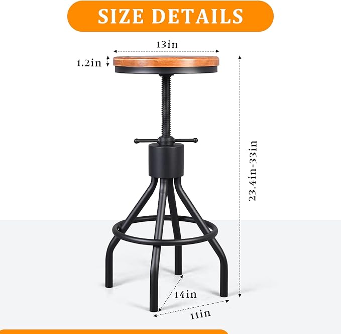 Diwhy Industrial Vintage Kitchen Counter Height Adjustable Bar Stool, Farmhouse - Image 2