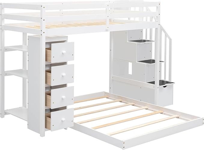 Twin Over Full Bunk Bed with 3-Layer Shelves, Wood L-Shape High Loftbed Frame - Image 4