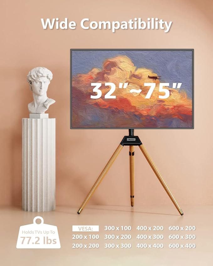 Tripod TV Stand for 32-75 Inch Screen up to 77lbs, Height Adjustable Easel TV - Image 2