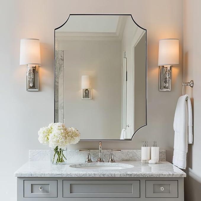 ANDY STAR Brushed Nickel Mirror 24x32 Inch, Scalloped Bathroom Mirror, by ANDYSTAR
