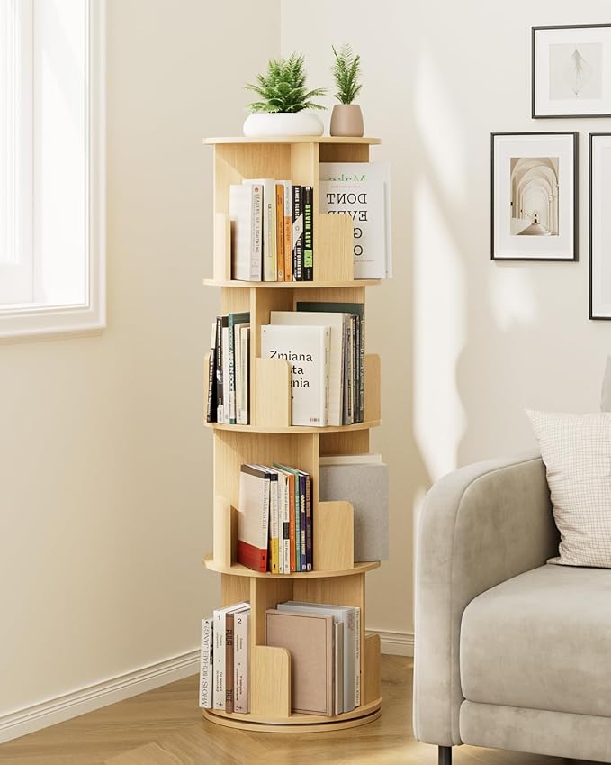 Masupu Rotating Bookshelf, Tall 4 Tier Rotating Spinning Bookshelf Tower by Masupu