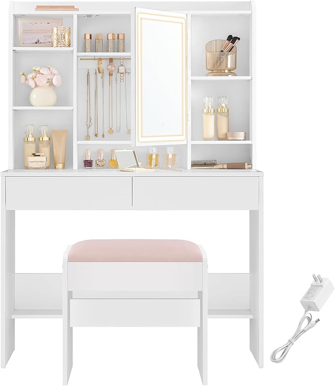 VASAGLE Vanity Desk with Mirror and Lights, Makeup Vanity with Upholstered by VASAGLEbySONGMICSHOME