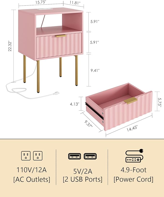 Masupu Nightstand with Charging Station, Mid-Century Modern Bedside Table with - Image 2